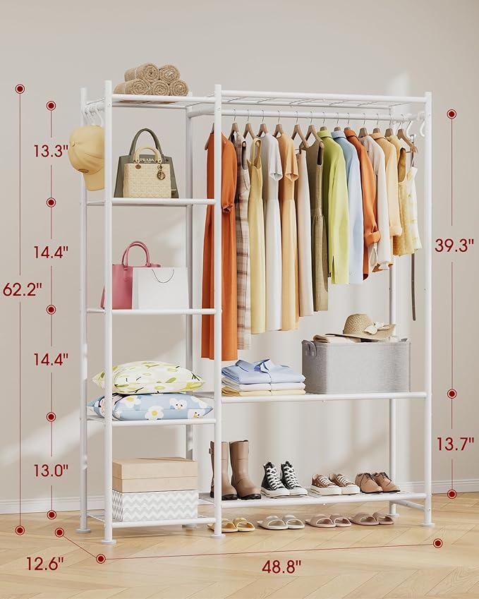 Closet Organizers and Storage - Free-Standing Clothes Rack with Leveling Feet & Wall-Anchor Straps, Wardrobe Closet with 6 Hooks for Bedroom, Living Room, Laundry, 48.8"×12.6"×62.2",White