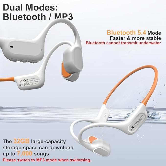 2026 Bone Conduction Bluetooth Headphones-SwimBeats, IP68 Waterproof Swimming Headphones with 32GB MP3 Player, Lightweight Open Ear Design for Swimming/Marathon/Cycling(Orange