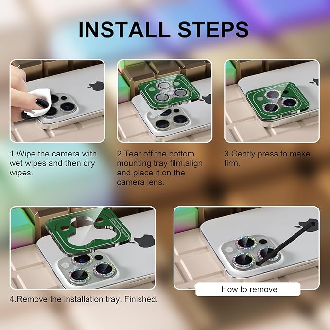 Misea Compatible for iPhone 16 Pro/iPhone 16 Pro Max Camera Lens Protector Bling, 9H Tempered Glass Camera Cover Screen Protector Metal Individual Ring Protector Decoration, Colorful Glitter