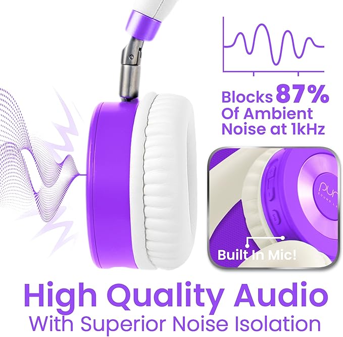 Puro Sound Labs JuniorJam Plus Volume-Limiting Wireless Bluetooth Headphones for Kids, Secure Audio with Adjustable On-Ear Design, 22-Hour Battery Life, Ideal for Tablets, Smartphones & PCs - Purple
