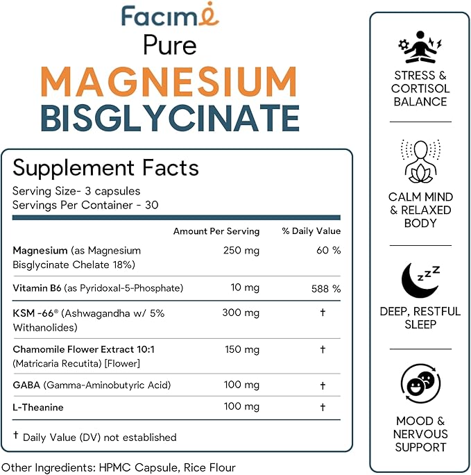 Natural Chelated Magnesium Glycinate Sleep Aid - Melatonin-Free Sleep & Stress Relief with KSM-66 Ashwagandha, GABA, L-Theanine & Chamomile for Muscle Relaxation - Made in USA - 90 Capsules