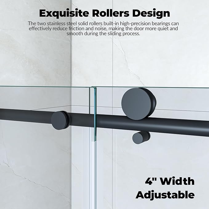 Glass Shower Door 56–60 inch W× 76 inch H, Sliding Frameless Shower Door with Round Stainless Steel Rail and 55mm Rollers, 6mm Tempered Glass, Matte Black, Stylish Bathtub and Shower Enclosure