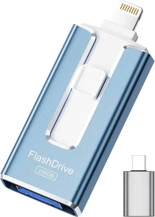 MFi Certified 256GB Flash Drive for iPhone iPad, Photo Stick for External Memory Storage, Easily Back Up and Save Photos Videos, USB Memory Stick Thumb Drive for iPhone/iPad/Android/PC (Blue)