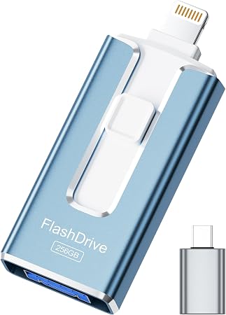 MFi Certified 256GB Flash Drive for iPhone iPad, Photo Stick for External Memory Storage, Easily Back Up and Save Photos Videos, USB Memory Stick Thumb Drive for iPhone/iPad/Android/PC (Blue)