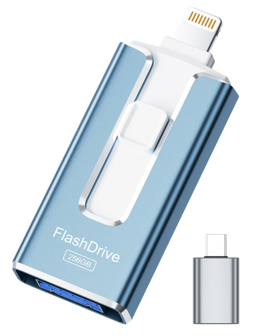 MFi Certified 256GB Flash Drive for iPhone iPad, Photo Stick for External Memory Storage, Easily Back Up and Save Photos Videos, USB Memory Stick Thumb Drive for iPhone/iPad/Android/PC (Blue)