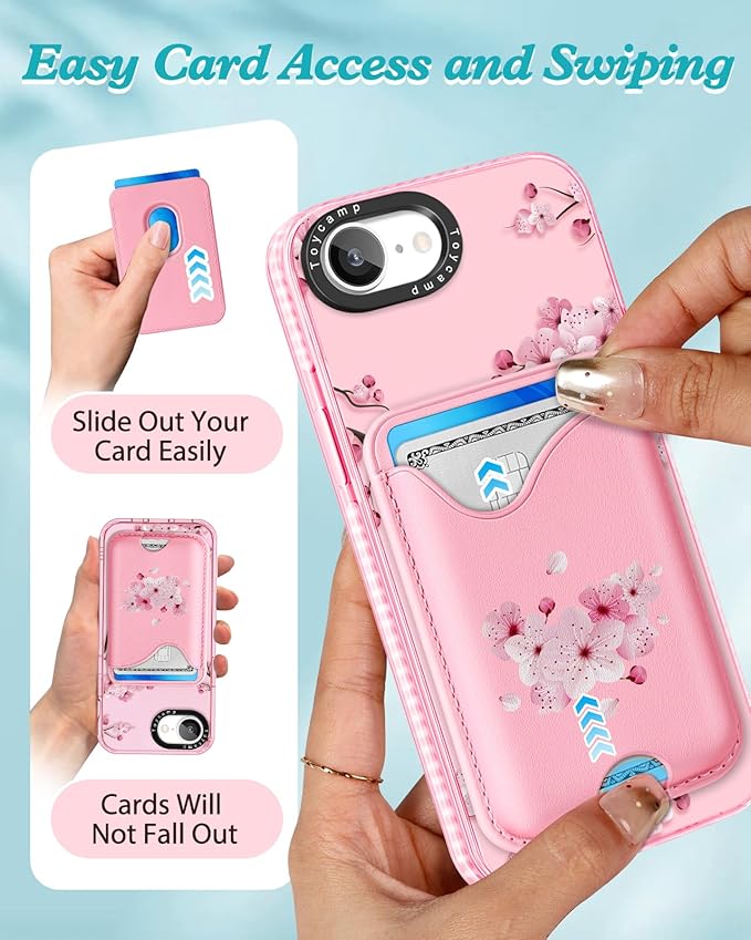 Toycamp for iPhone 16e Case 6.1 Inch - Compatible with Magsafe Credit Card Holder Wallet Magnetic Cute Women Teen Girls Kawaii Girly Unique Flower Design Phone Cover for iPhone 16e