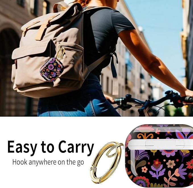 Cute Hard Case Compatible with AirPods Pro 3rd Generation Case (2025), Shockproof Protective Cover with Golden Keychain Ring Clip (Black Flower)