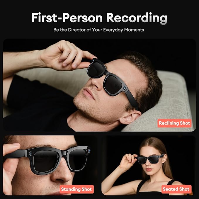 1080P HD AI Smart Camera Glasses, 8MP Camera Bluetooth 5.4 Recording Glasses, Dual Mic ENC Noise Reduction, Blue Light Filtering Lenses, Video Glasses with Men and Women, M01Pro Black