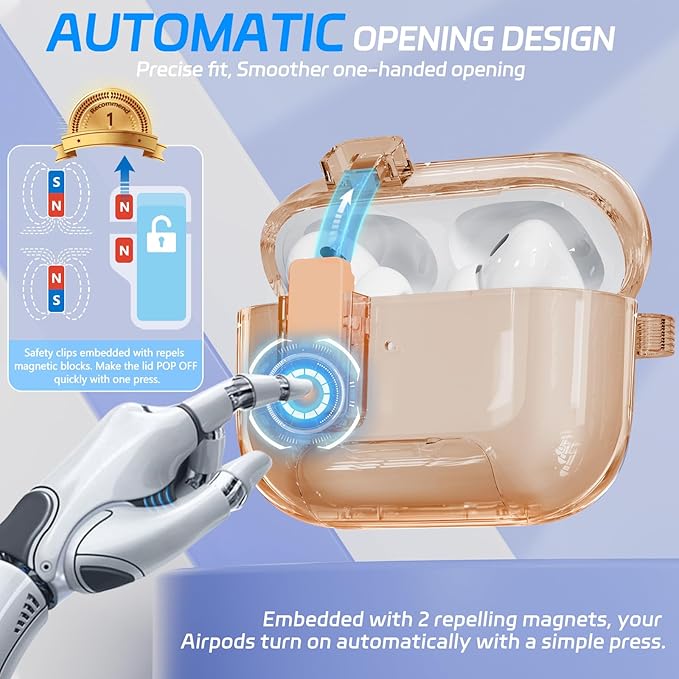for AirPods Pro 2 Case with Phone Stand & Secure Lock, Auto-Open Clear Cover Compatible with Apple AirPods Pro 2nd/1st Gen (2023,2022,2019) with Cleaning Kit & Keychain (Khaki)