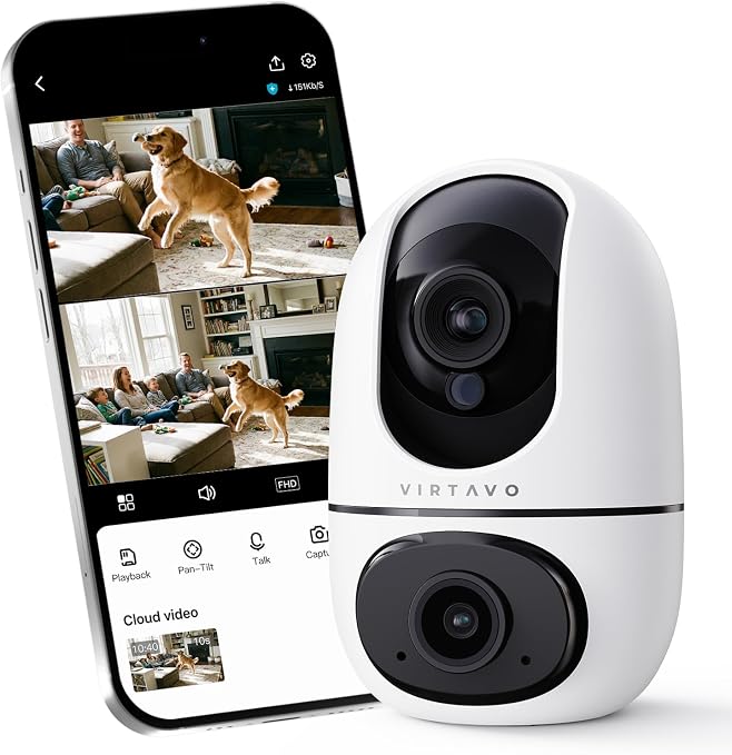 VIRTAVO Pet Camera Indoor No Subscription, for Dog Cat Baby, 360° PTZ