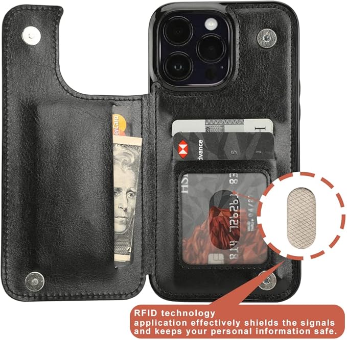 uCOLOR Compatible with iPhone 14 Pro 6.1 Inch Wallet Case with Card Holder Folio Flip PU Leather Kickstand Card Slots Case Double Magnetic Clasp and RFID Blocking Cover (Black Leopard)