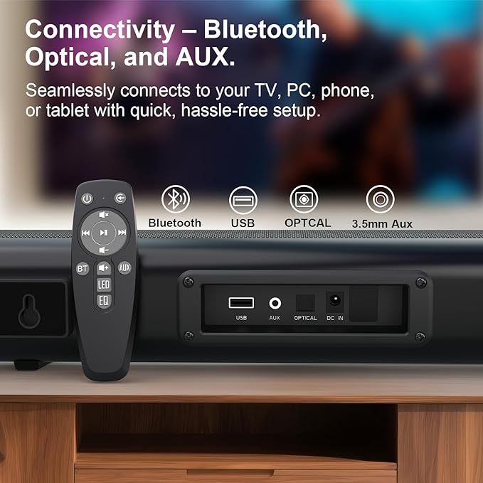 Sound Bar – 50W, Sound Bar for Smart TV, Sound Bar with Bluetooth 5.0, Optical/AUX Connectivity, Remote Control, Wall-Mountable Home Theater Audio, Compatible with TV, PC, and Phone