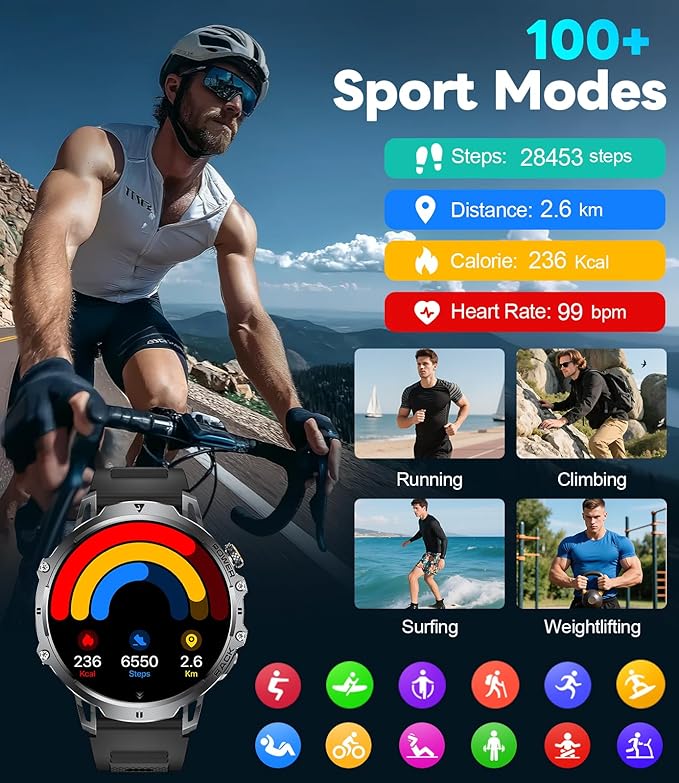 LIGE Military Smart Watches for Men with 1000 mAh Battery, 1.85" HD Touch Screen Smart Watch with Flashlight/50M Waterproof/,110+ Sports Fitness Tracker Watch,Pedometer Mens for Android iPhone