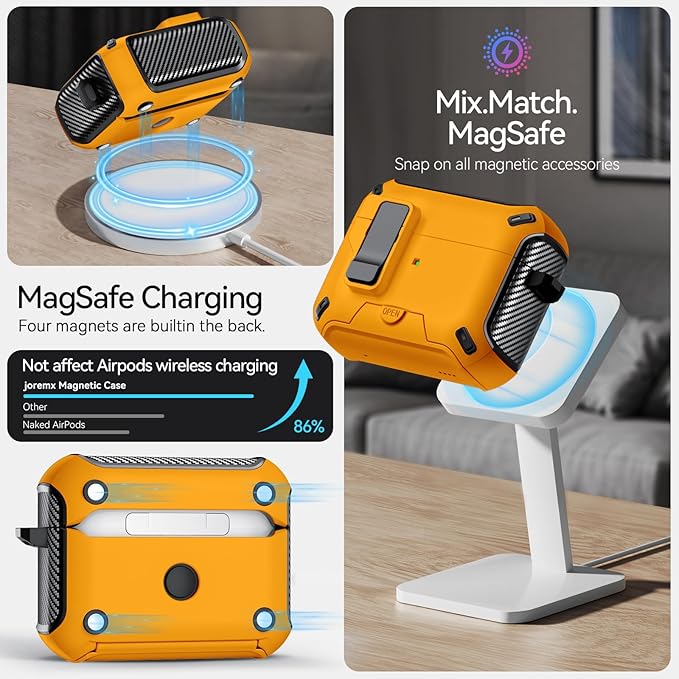 for AirPods Pro 2nd/1st Case (2023/2022/2019) with Phone Stand,（with Automatic Snap Switch） Carbon Fiber Design Protection Cover with Cleaning Pen,Yellow