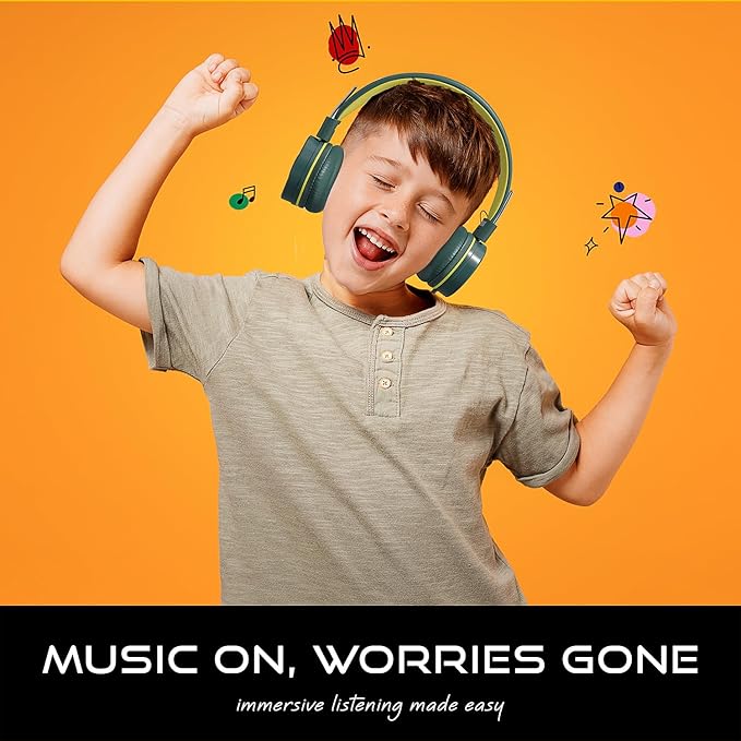 MYZI Kids Headphones with Cord, Foldable Over Ear Headphones for Kids with Microphone, Tangle-Free Wired 85dB Safe Volume Toddler Headphones for iPad, School, and Airplane – Green