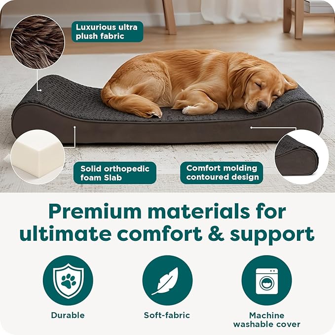 FurHaven Orthopedic Dog Bed for X-Large Dogs, Luxe Lounger Contour Mattress with Medical-Grade Solid Orthopedic Foam for Joint Support, Removable Washable Cover, Jumbo/XL, Plush Suede, Chocolate