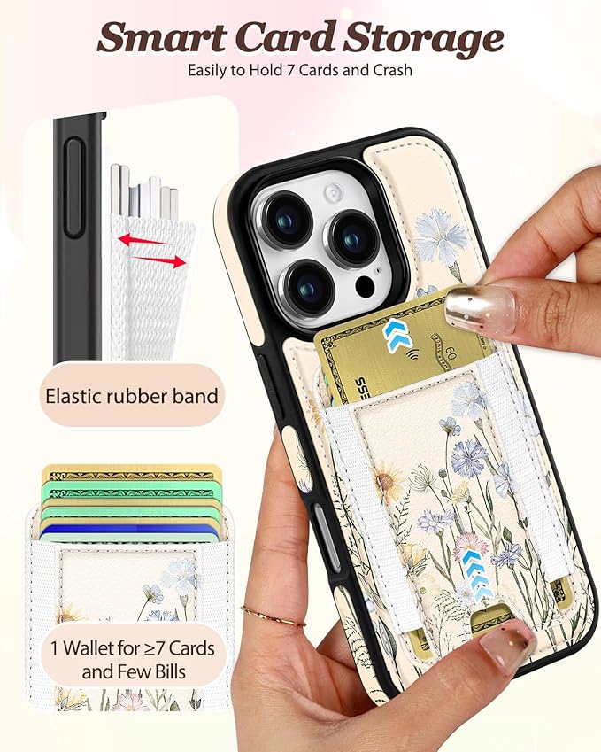 Shorogyt for iPhone 16 Pro Case Wallet - Fits 5 Cards, Compatible with Magsafe Detachable Magnetic Credit Card Holder Leather Cardholder Cute Phone Cover Women Girls for Apple 16Pro, Color Flower