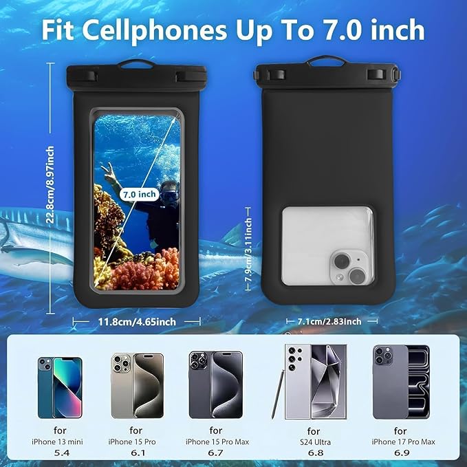 Floatable Waterproof Phone Pouch/Case with Crossbody Lanyard for iPhone 17 Series 16 Pro Max/15 Pro/14/13/12, IP68 Cellphone Dry Bag Beach Cruise Ship Essentials, 1 Pack-Black-7″