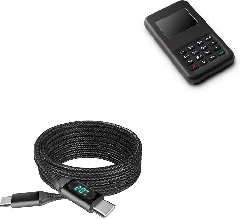BoxWave Cable Compatible with Stripe BBPOS WisePad 3 - PowerDisplay PD Cable (6ft) - USB-C to USB-C (100W), LED Wattage Info Extra Long Braided Nylon - Jet Black