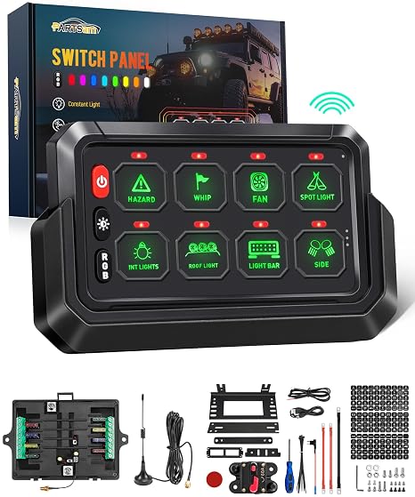 Partsam 265 Ft Wireless RGB 8 Gang Switch Panel Universal Circuit Control Relay System Box Toggle Momentary Strobe Switch Pod w/3 Silicone Button 5 Brightness Levels for Offroad Truck RV ATV UTV Boat