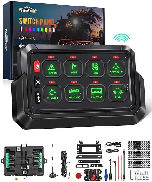 Partsam 265 Ft Wireless RGB 8 Gang Switch Panel Universal Circuit Control Relay System Box Toggle Momentary Strobe Switch Pod w/3 Silicone Button 5 Brightness Levels for Offroad Truck RV ATV UTV Boat