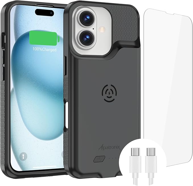Alpatronix Battery Case for iPhone 16/16e [2025 New], 15W Fast Wireless Charging Case, Portable Strong Slim Protective Rechargeable Charger Case, Compatible with iPhone 16/16e Black