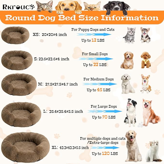 Fluffy Dog Bed Calming Donut Beds for Large Dogs Warming Round Small Medium Pet Nest Cozy Cat Mattress Indoor Washable Puppy Kennel Kittens Sleep Mat (XL, 43.3×43.3 inch, Light Brown)
