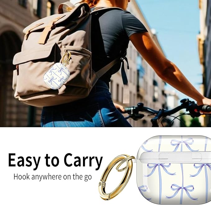 Cute Hard Case Compatible with AirPods Pro 3rd Generation Case (2025), Shockproof Protective Cover with Golden Keychain Ring Clip (Blue Bow)