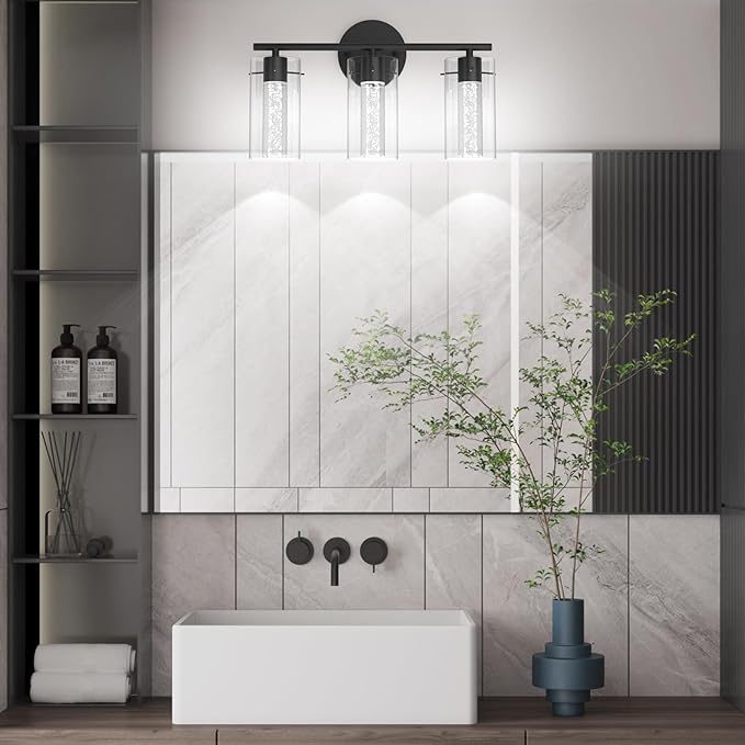 Tipace Modern Vanity Light,3-Light Black LED Vanity Light Fixture,Crystal Bathroom Lighting Fixtures Over Mirror,Wall Lighting Fixtures for Bath,Wall Sconce for Bedroom Living Room,6000K White Light
