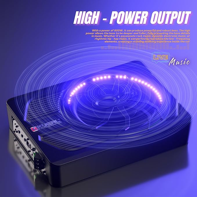 800W Car Subwoofer, 10” Slim Active Powered Subwoofer, Stereo Audio Under Seat Car Subwoofer with Built-in Amplifier, App Controlled Color LED Ambient Lights