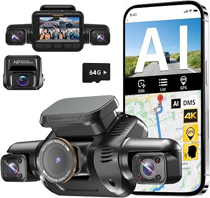 HUPEJOS AI 4K Dash Cam Front and Rear, 4 Channel 360° View Camera for Car