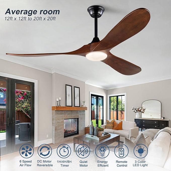 60 Inch Ceiling Fan with Lights and Remote, 3 Wood Fan Blades Ceiling Fan with Quiet Reversible DC Motor Indoor Outdoor for Patios Living Room Bedroom Study