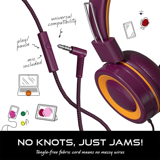 Kids Headphones with Cord, Foldable Over Ear Headphones for Kids with Microphone, Tangle-free Wired 85dB Safe Volume Toddler Headphones for iPad, School, and Airplane – Maroon