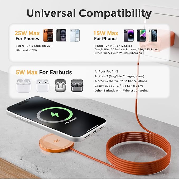25W Magnetic Wireless Charging Pad: Qi2.2 Qi2 MagSafe Fast Charger for iPhone Air 17e 17 16 15 14 Pro Max, Samsung Galaxy S26 S25, Google Pixel 10 & AirPods, Gift Ideal for Desk Travel (Orange, 2Pack)