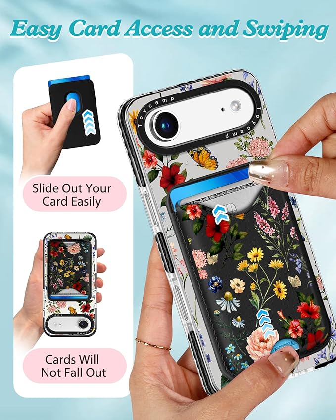 Toycamp for iPhone 17 Air Case - Compatible with Magsafe Credit Card Holder Wallet Magnetic Cute Women Teen Girls Kawaii Girly Unique Flower Floral Design Phone Cover for Apple 17 Air