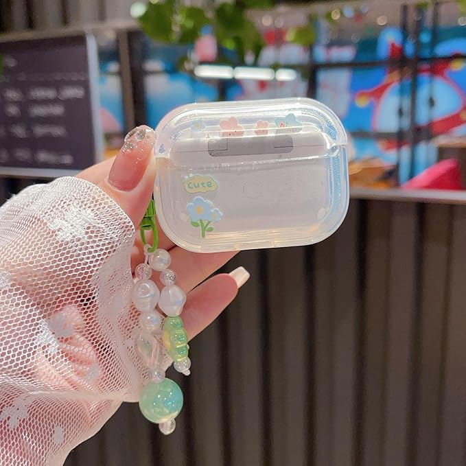 Cute Airpod Pro 2 / Airpod Pro Case 3D Flower with Keychain Clear Hard TPU Protective Cover Compatible with AirPods Pro 2nd/1st Generation Case for Girls Women (Floral Green)