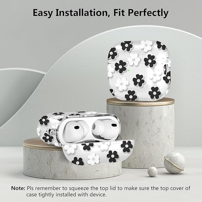 for Airpods Pro 3 Case Clear,Cute Black Floral Design for Airpods Pro 3 Case Cover,Shockproof Soft TPU Skin Accessories with Girly Flower Keychain&Cleaning Pen for Women Girls
