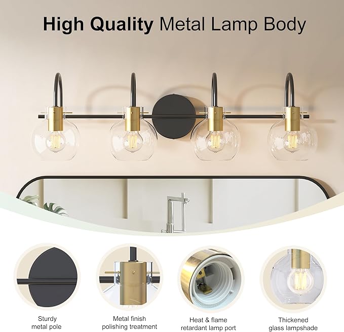4 Light Bathroom Vanity Light, Black and Gold Light Fixtures, Sconces Wall Lighting with Glass Shade, Modern Brushed Vanity Lights for Bedroom, Hallway,Bathroom Lighting Fixtures Over Mirror