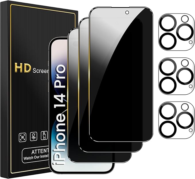 3 Pack Privacy Screen Protector for iPhone 14 Pro 6.1 Inch with 3 Pack Camera Lens Protector, Anti Spy Tempered Glass Film, Anti-Scratch, Touch Sensitive, Case Friendly