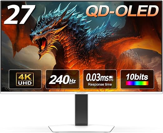 INNOCN 27" OLED 4K 240Hz Monitor, G-SYNC Compatible, VRR, HDMI 2.1, DP, HDR 400, 0.03ms, FPS/RTS, Speaker, Pivot Adjustable Stand, Ultra-Thin - GA27W1Q