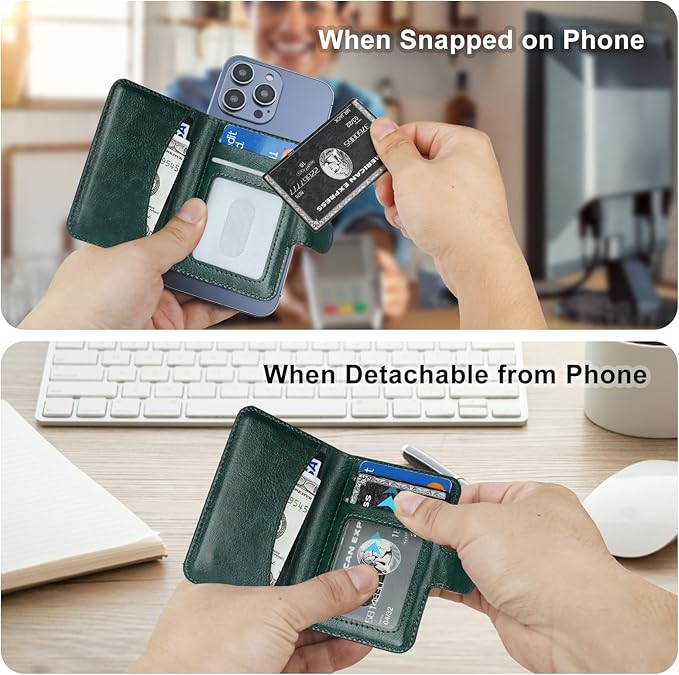 Bocasal for MagSafe Wallet Magnetic Card Holder, RFID Blocking Leather Card Slots for iPhone 17/16/15/14/13/12 Pro/Max/Plus/Air, Adjustable Kickstand Flip Mag Safe Wallet (Dark Green)
