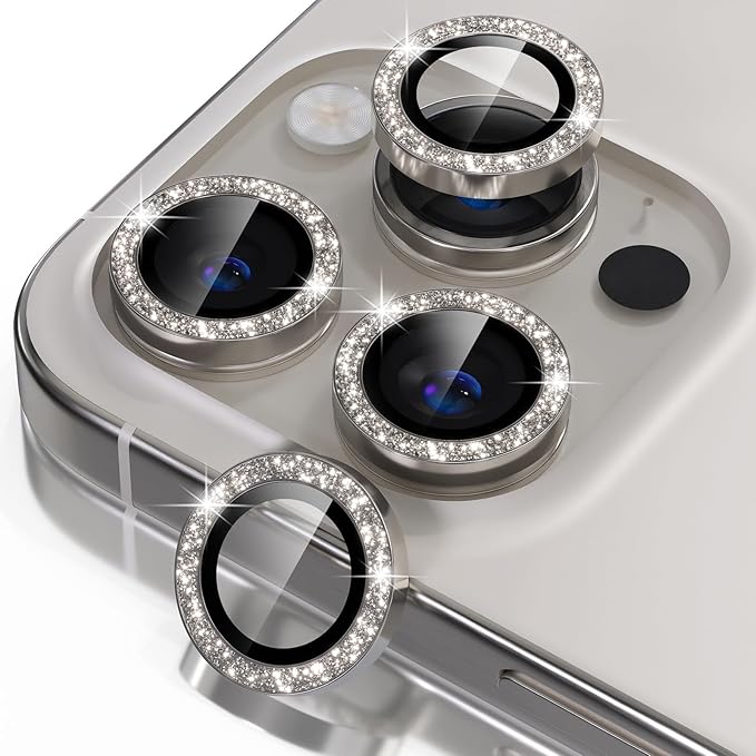 Misea Compatible for iPhone 16 Pro/iPhone 16 Pro Max Camera Lens Protector Bling, 9H Tempered Glass Camera Cover Screen Protector Metal Individual Ring Protector Decoration, Natural Titanium Glitter