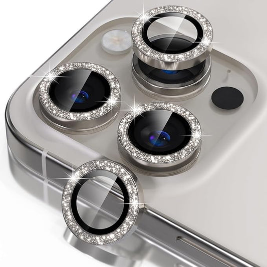 Misea Compatible for iPhone 16 Pro/iPhone 16 Pro Max Camera Lens Protector Bling, 9H Tempered Glass Camera Cover Screen Protector Metal Individual Ring Protector Decoration, Natural Titanium Glitter