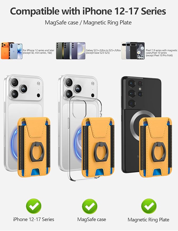 For Magsafe Wallet with Grip, 6-Card Holder, Stronger Magnetic Card Wallet Holder for iPhone 17/16/15, iPhone 14/13/12 Series, Leather Magnetic Phone Wallet with Privacy Flap, RFID Blocking, Yellow