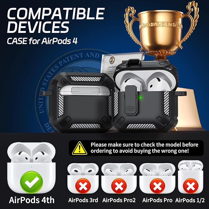 for AirPods 4 Case, Secure Lock Case Compatible with Apple AirPods 4th Gen 2024 for Men Women, Shockproof Protective Cover with Cleaning Kit & Keychain, Ultra Slim, Anti-Scratch, Black