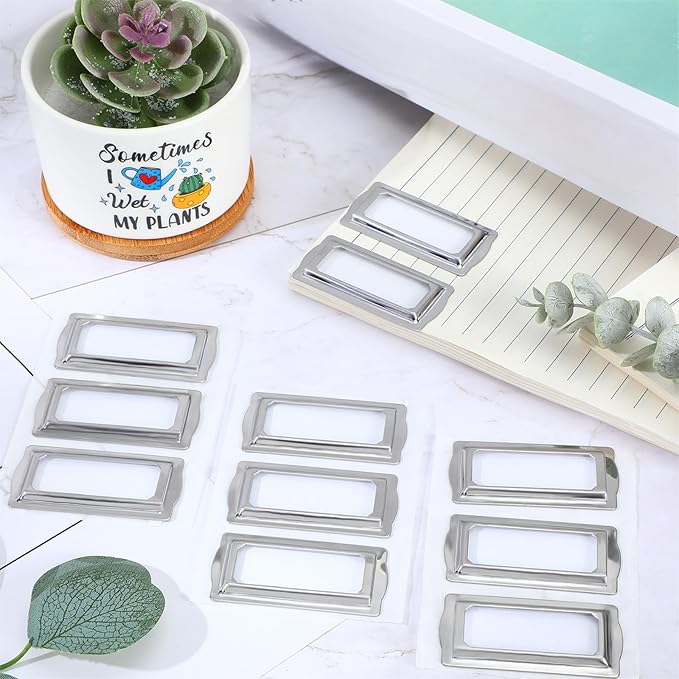 12 Pcs Self Adhesive Metal Bookplates for Books Card Horizontal Clip Label Holders Metal Drawer Tag Silver Label Plate for Office Library Book File Cabinet Drawer Tag Teacher School Classroom