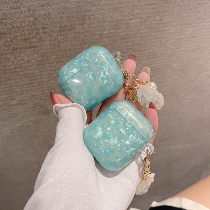 Compatible with Airpods 3rd Generation Case, PHOEACC Dream Luxury Airpod 3 Case Cute Protective Cover with Shell Pearl Keychain for Girls Teens Women (Turquoise Blue)