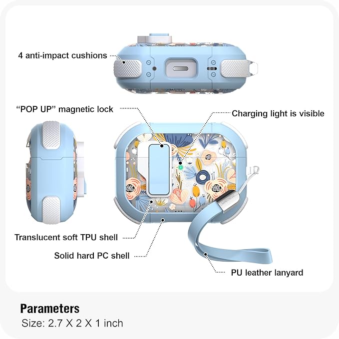WENEW for AirPods Pro 3 Case (2025) Cover Secure Lock Automatic Snap Switch Clip Cleaner Kit Lanyard Women Stylish Flower Hard Shell Full Body Front LED Visible (Blue, AirPods Pro 3)
