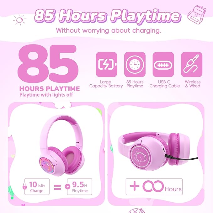 Kids Bluetooth Headphones, 85H Playtime Wireless Headphones for Kids, Colorful LED Lights, 85/94dB Safe Volume Limit, Bluetooth 5.4 Built-in Mic Toddler Headset for Tablet/Airplane (Fuscia Pink)