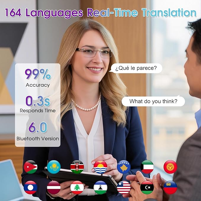AI Translation Glasses, Bluetooth Eyeglasses with Real-Time Translator for 164 Languages, Photochromic Spring Hinge Bluetooth Glasses with Speakers, Rimless Smart Glasses for Travel/Work/Study(Gold)